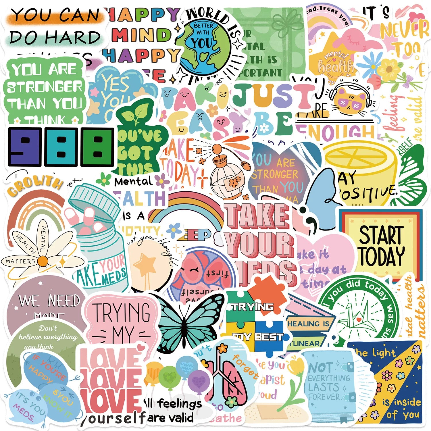 50PCS Cartoon Mental Health Graffiti Stickers Decorative Guitar Notebook Luggage DIY Waterproof Pen Holder Stationery Stickers