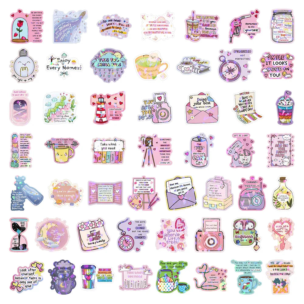 50/100Pcs Inspirational Text Aesthetic Sticker Flash Film Decals Office Stationery School Supplies Car Headset Water Cup Sticker