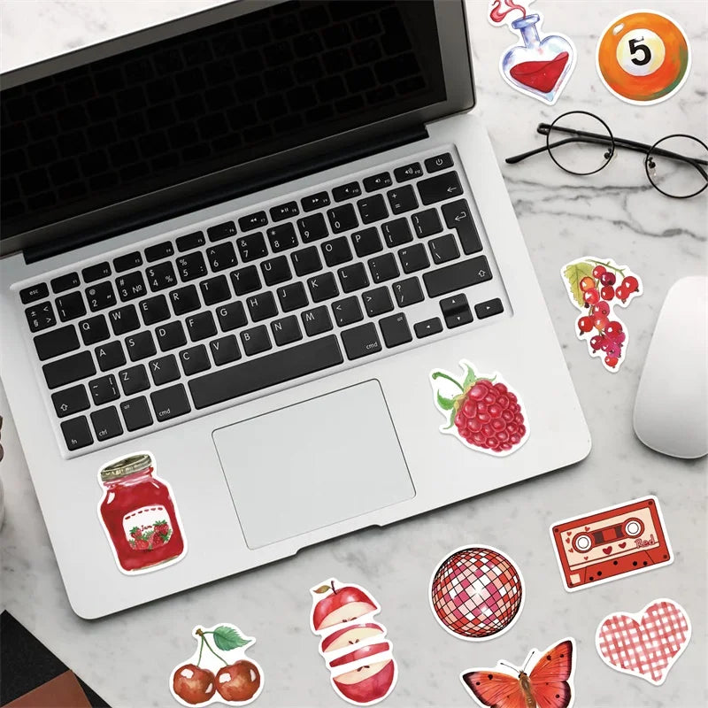 10/30/50PCS Kawaii Red Cherry PVC Sticky Sticker Aesthetic DIY Decoration Scrapbooking School Supplies for Kids
