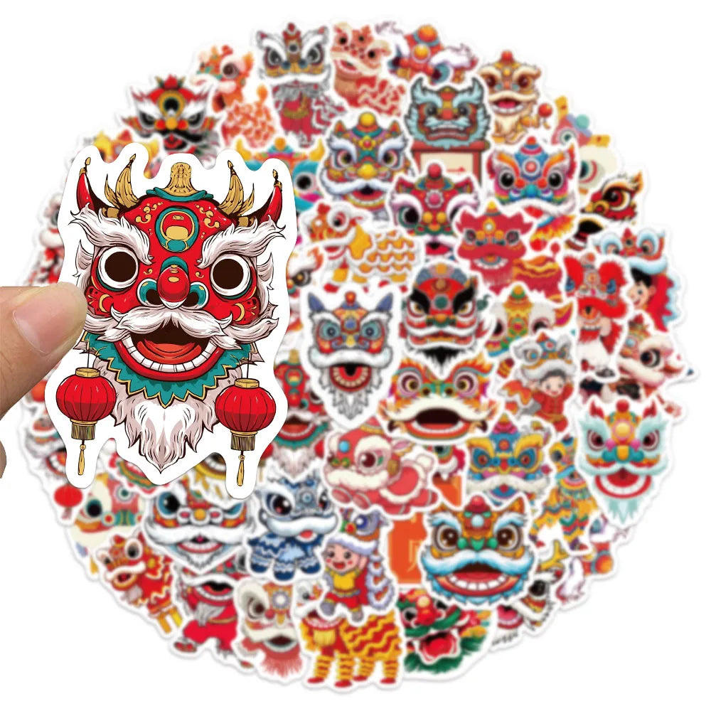 50PCS Creative New Year Lion Dance Graffiti Stickers DIY Luggage Laptop Tablet Speaker Decoration Wall Stickers Gift Stickers