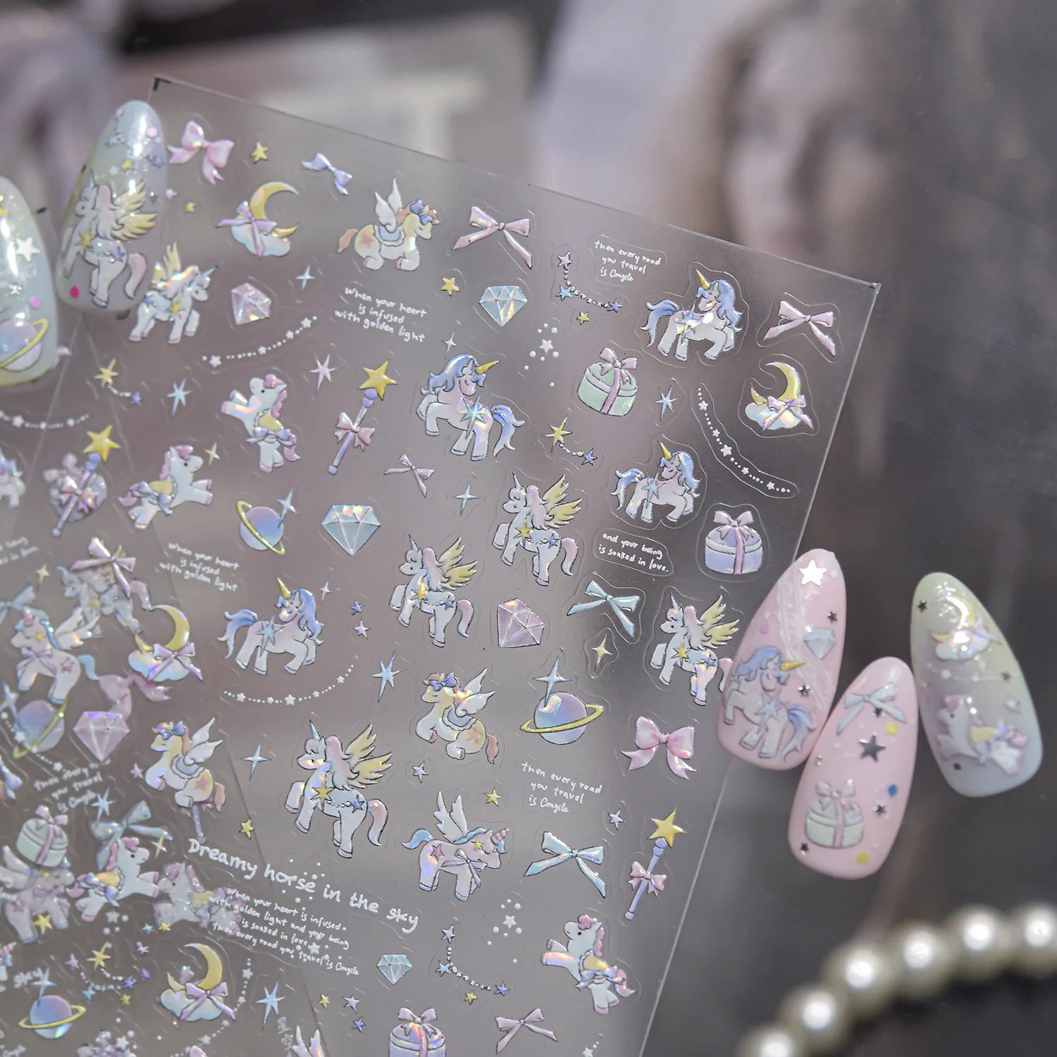 Glitter Starry Sky Dream Horse Nail 3D Decorations Stickers 5D Shell Light Dreamy Nail Art Stickers Self Adhesive Manicure Decal