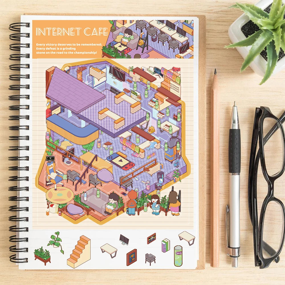 3PCS Internet Cafe Night Landscaping Scene 3D Sticker Harajuku Aesthetic Skateboarding Bicycle Coffee Modern Wall Room Stickers