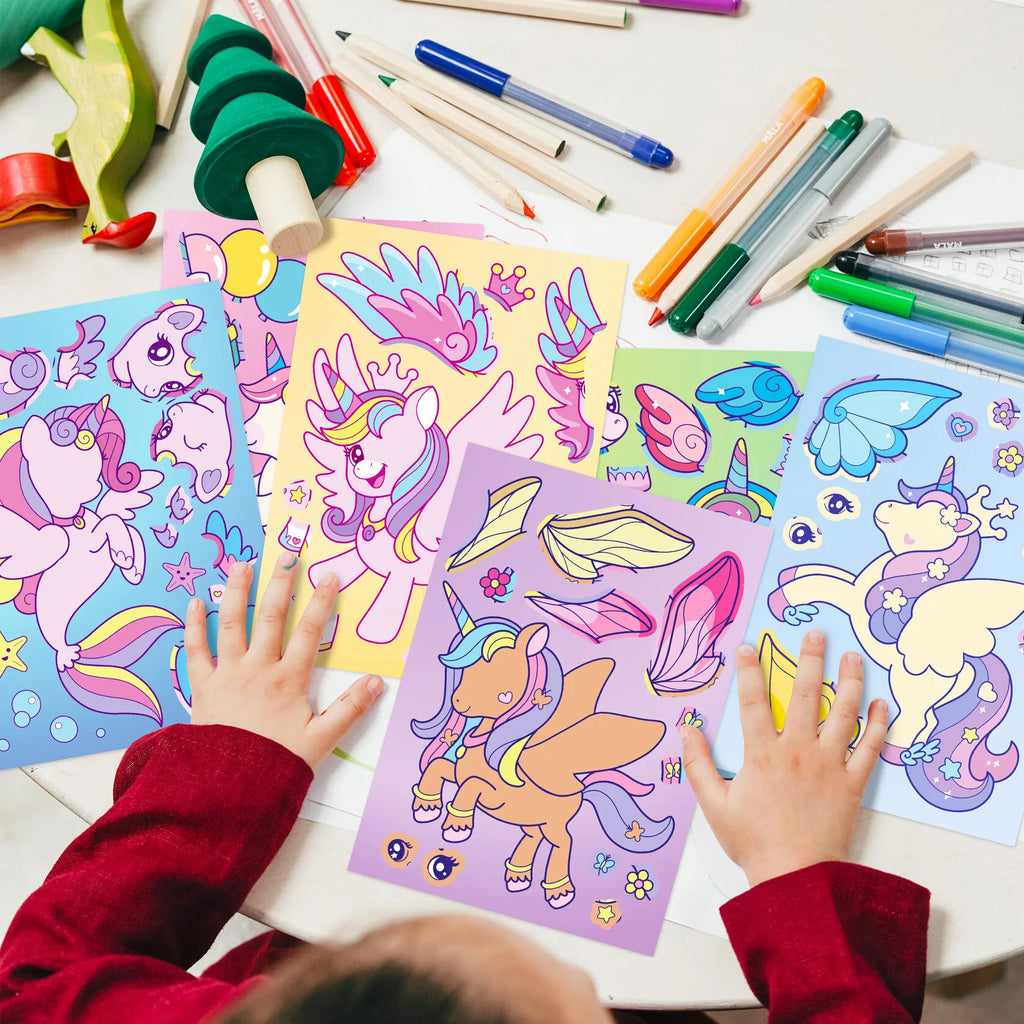 6/12PCS Rainbow Horse DIY Puzzle Sticker Games Unicorn Make A Face Funny Assemble Educational Stickers