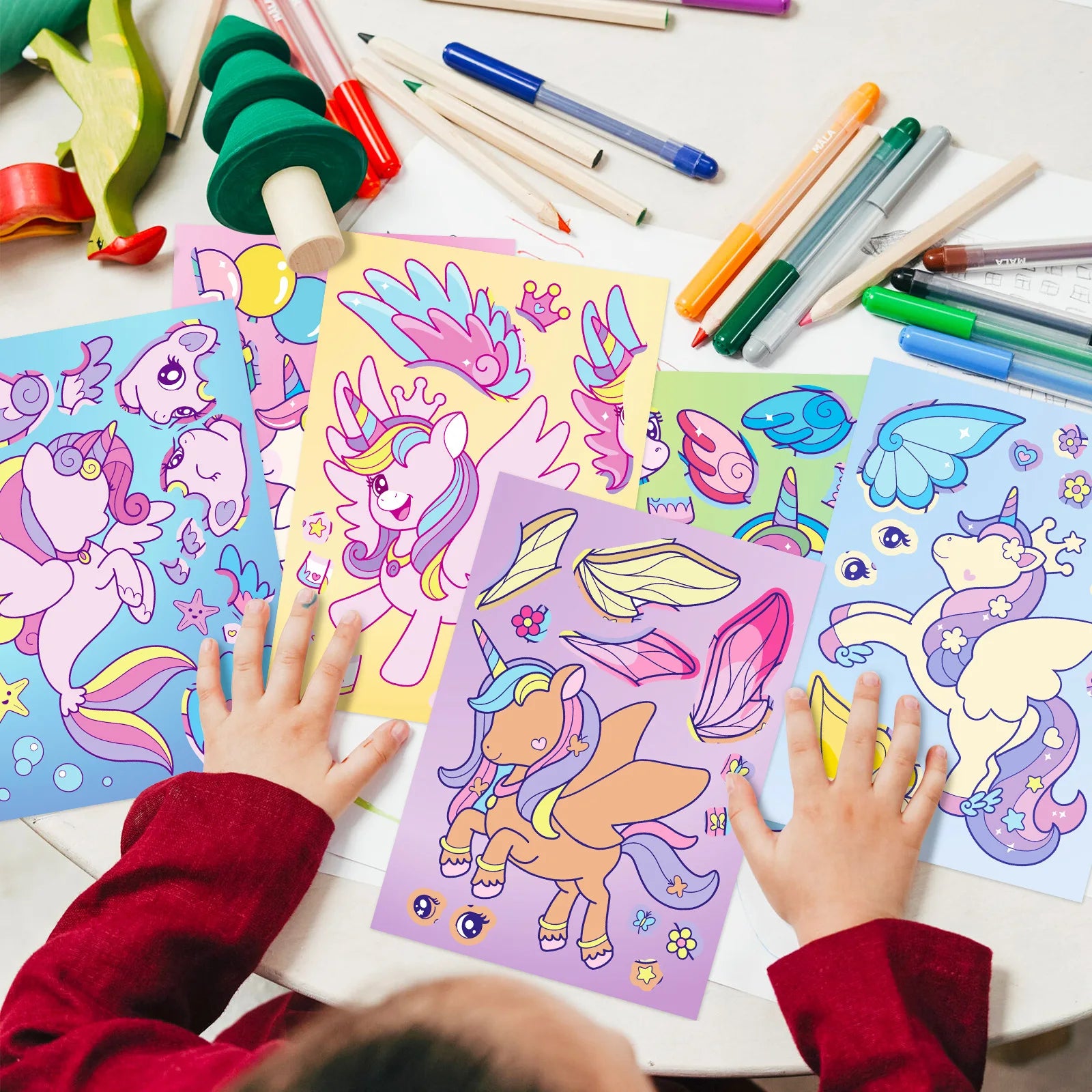 6/12PCS Rainbow Horse DIY Puzzle Sticker Games Unicorn Make A Face Funny Assemble Educational Stickers