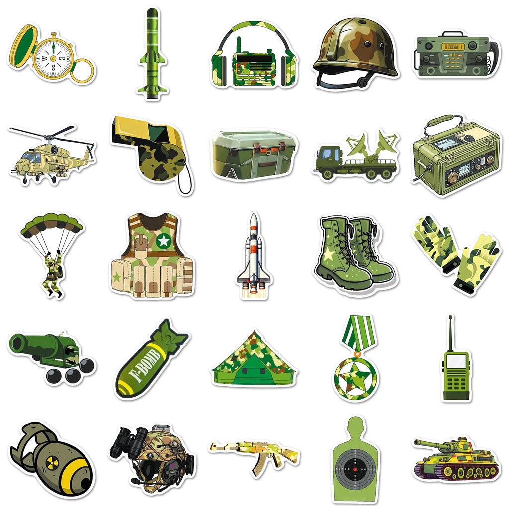 50-Pack Green Camouflage Military Gear Stickers Waterproof Cartoon Graffiti Decals for Helmet Car Phone Laptop