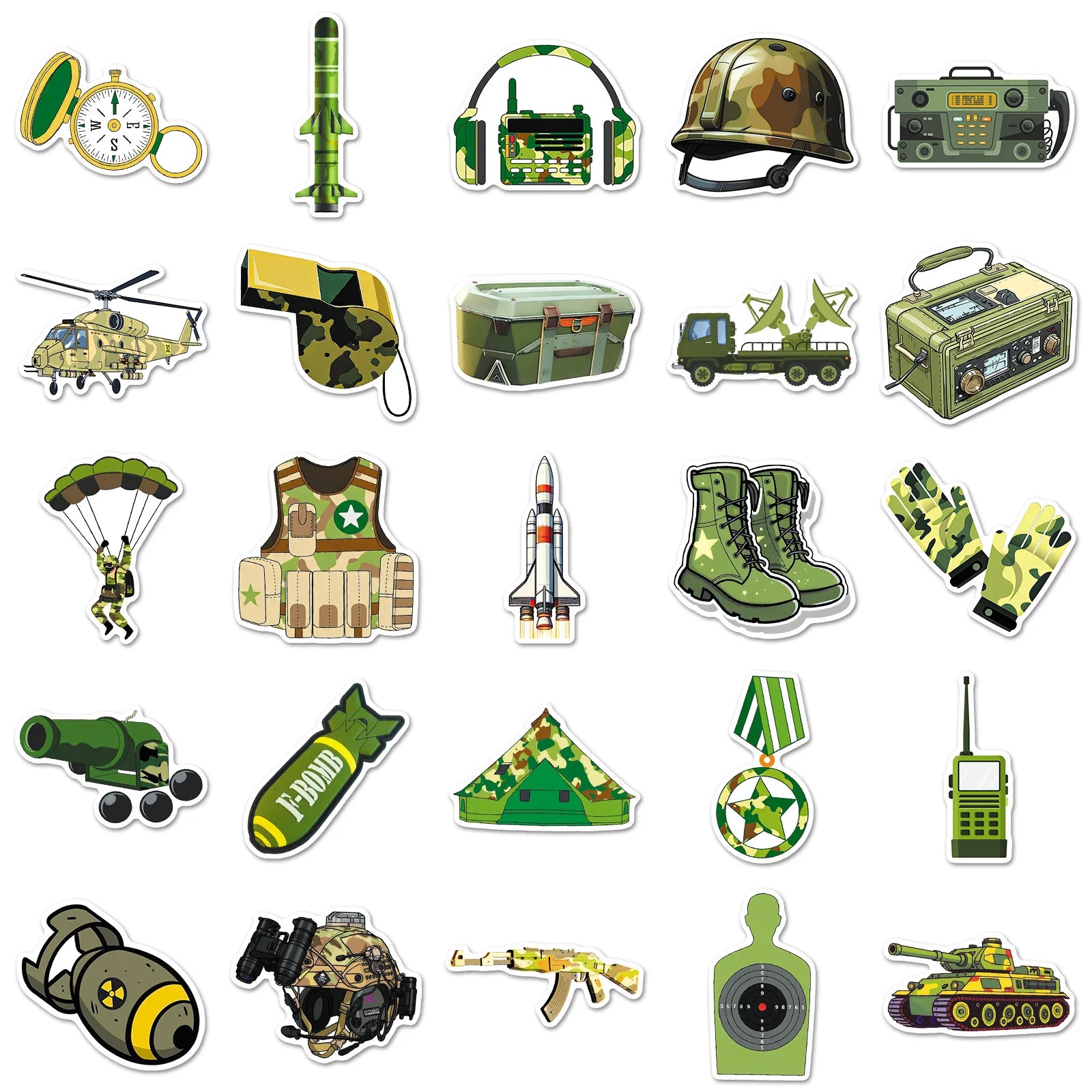 50-Pack Green Camouflage Military Gear Stickers Waterproof Cartoon Graffiti Decals for Helmet Car Phone Laptop