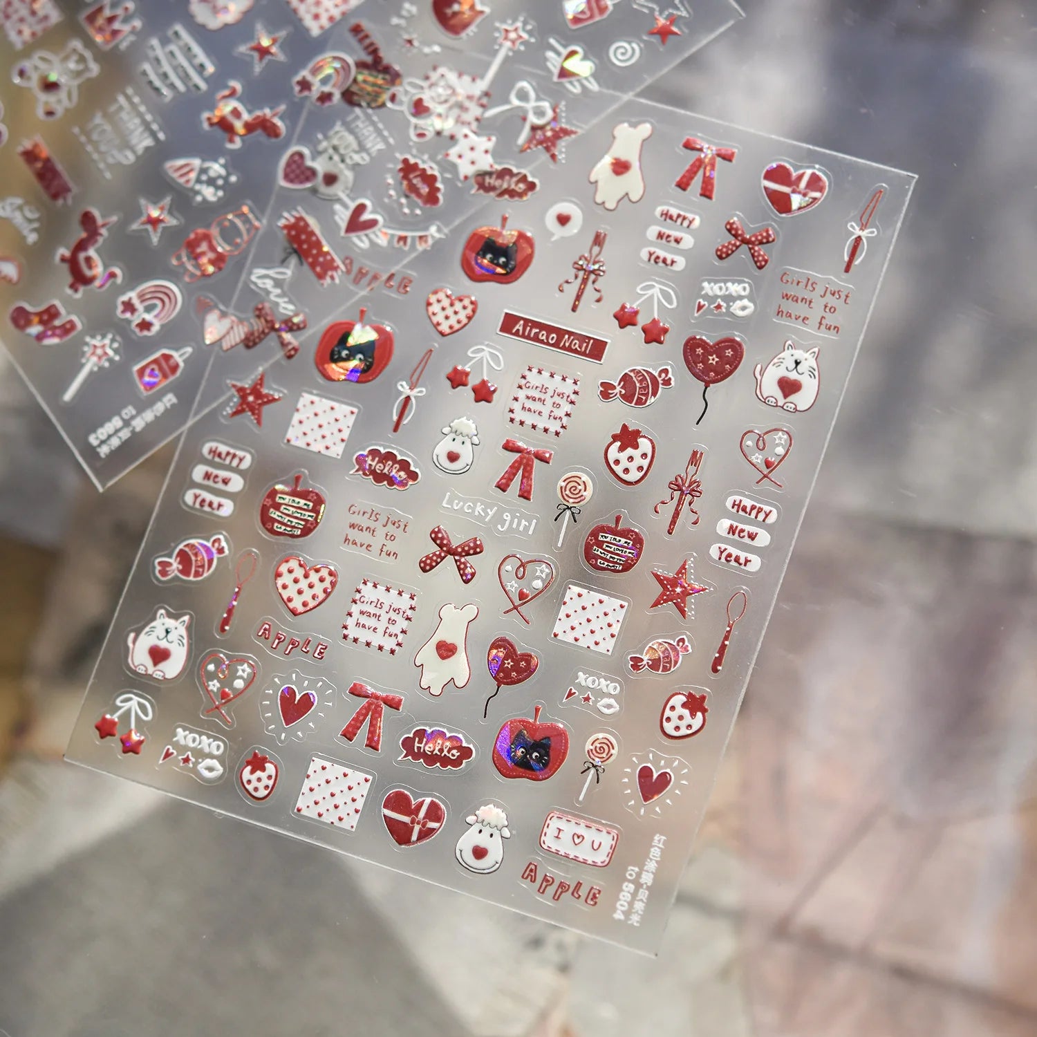 New Year Nails 3D Decorations Stickers Cute Red Graffiti Mini Horse Heart Bow tie Nail Art Stickers DIY Adhesive Nails Stickers
