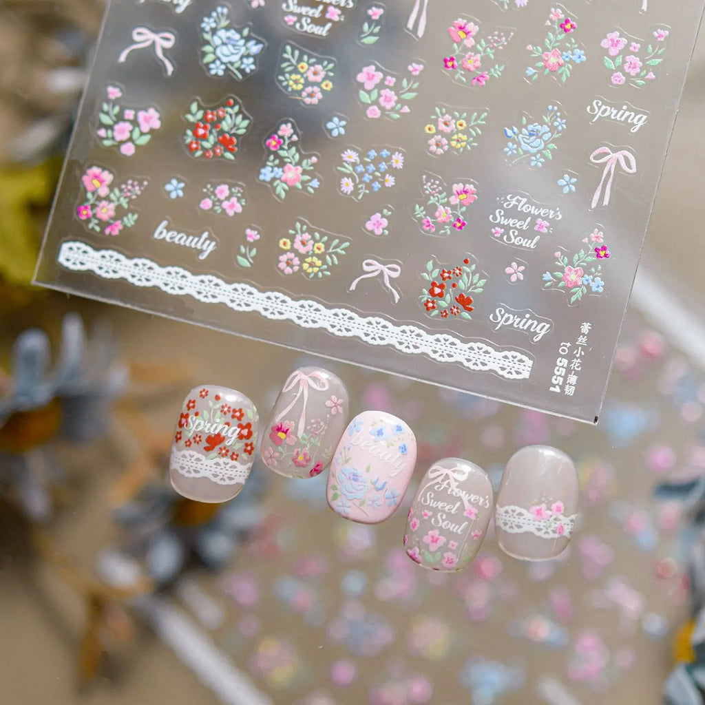 Spring and Summer Lace Flower Theme Nail Stickers Hollow Lotus Leaves Blooming Flowers Self Adhesive Nails 3D Decorations Decals