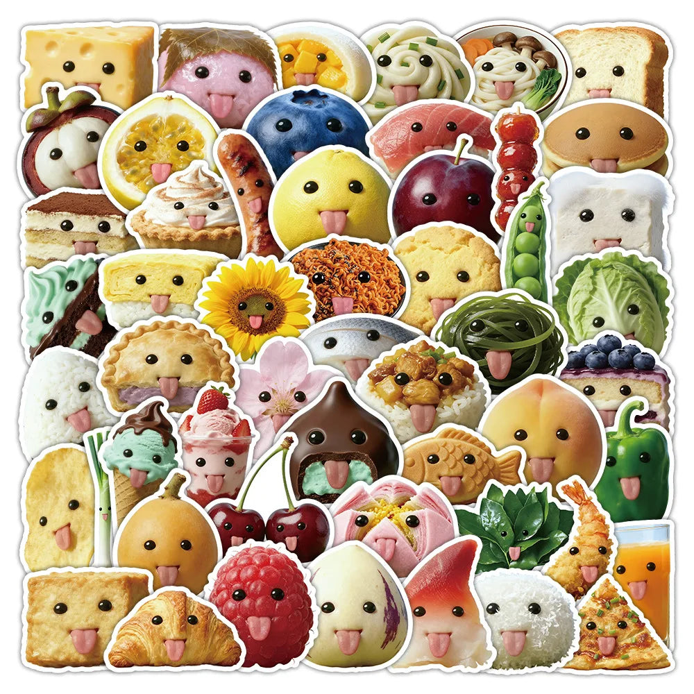 55-Piece Set Cute Abstract Food Stickers for Notebook Desk Laptop Luggage Graffiti Waterproof Decals