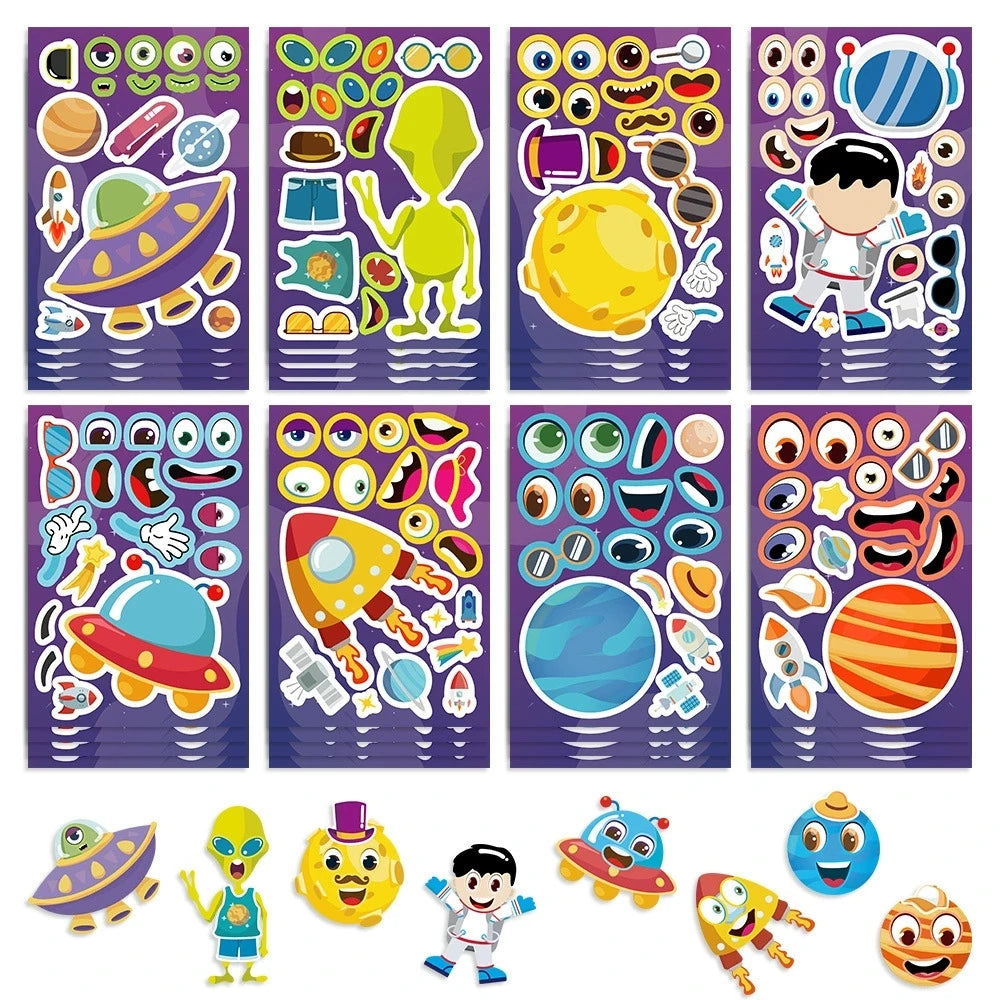 8PCS DIY Mobile Phone Decoration Kids Stationery Sticker Cartoon Planet Space Astronaut Face Changer Sticker