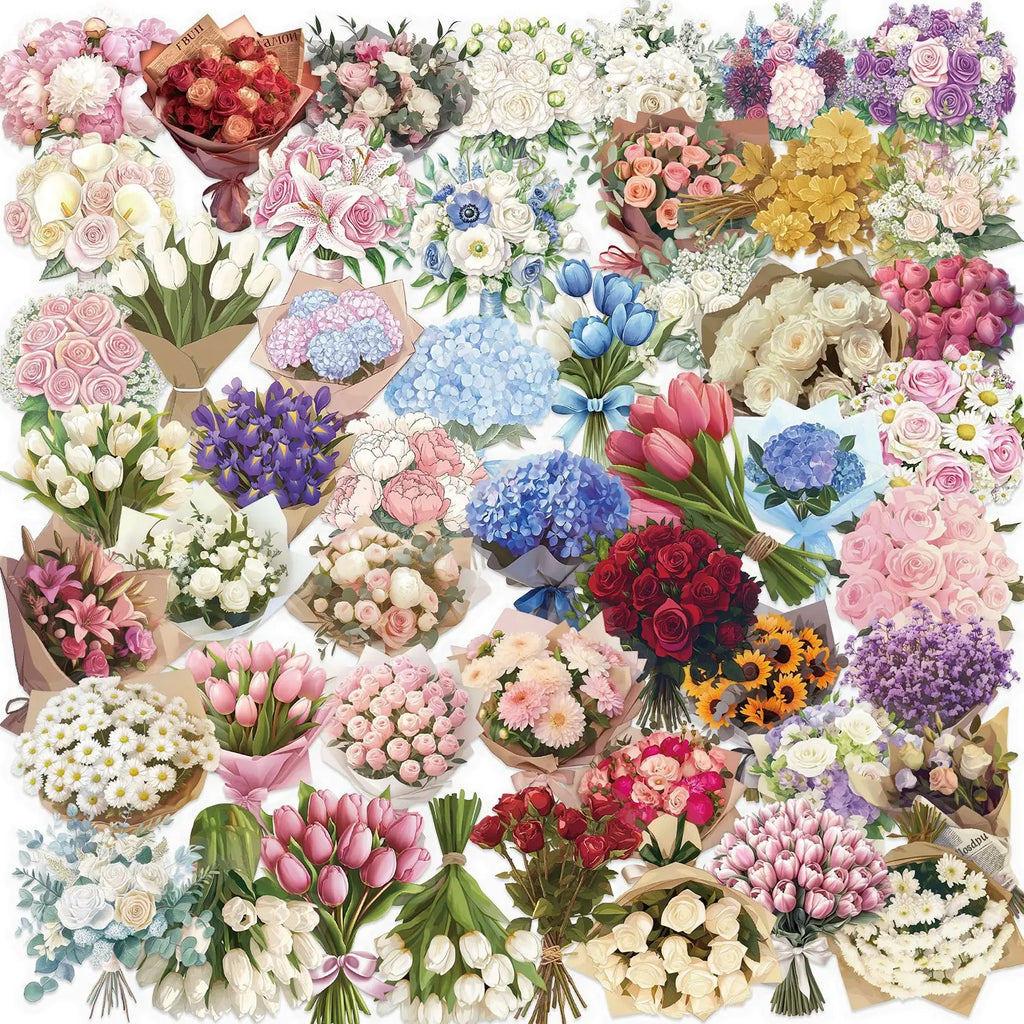 50PCS Cartoon Satin Dream Flower Gift Sticker Pack Waterproof Transparent PET Decor Notebook Stationery Pen Holder Stickers