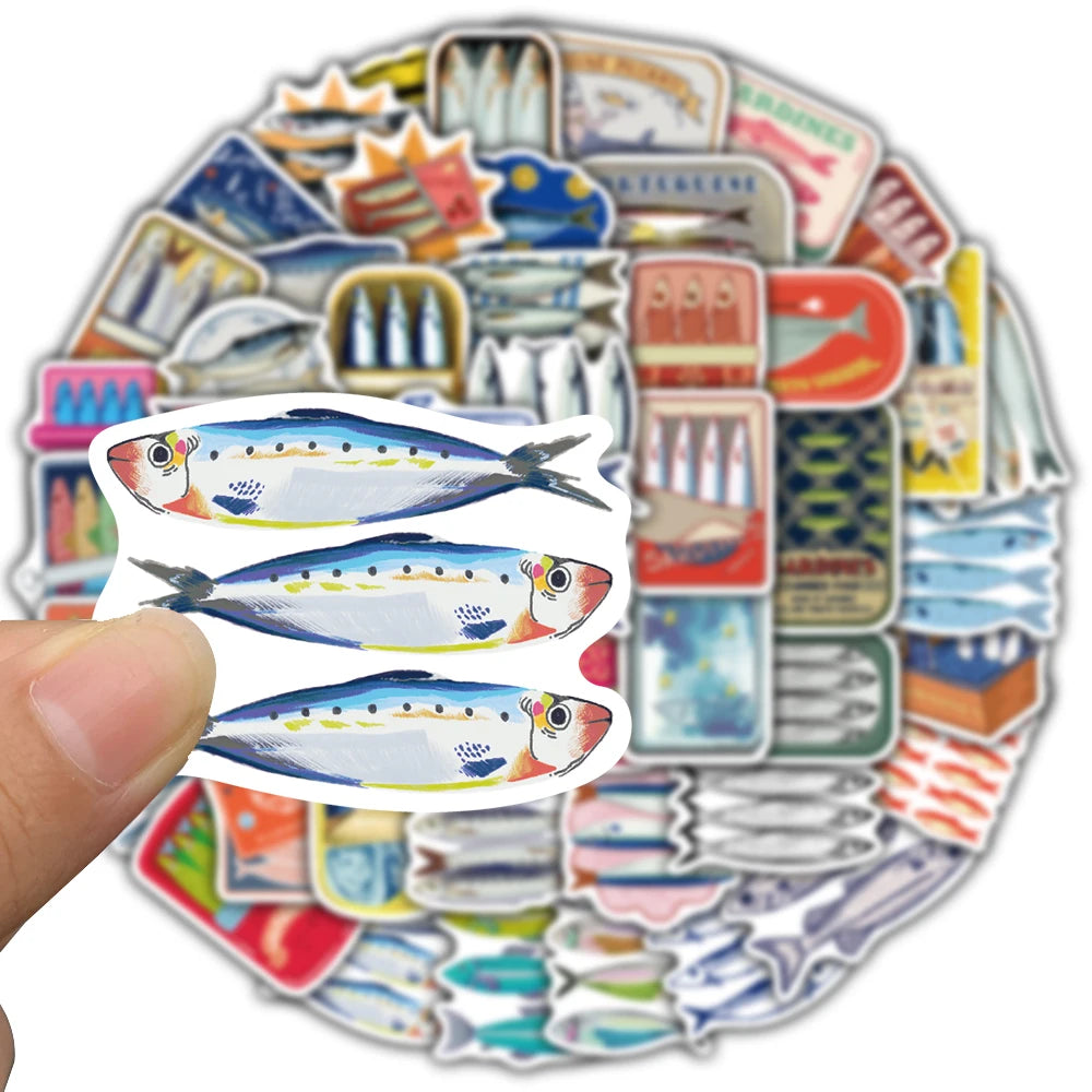 50/100PCS Cute Sardine Sticker Creative Bicycle Luggage Guitar Motorcycle Cartoon Phone Stationery Cafe Bicycle Art Stickers