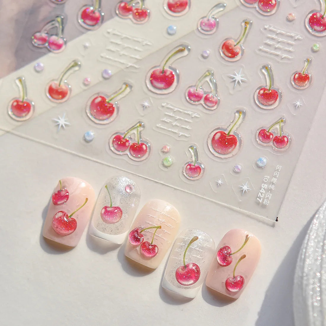 Sweet Single Double Cherry Nail Decorations Stickers Glitter ice-transparent Cherry Back Blue Nail Stickers DIY Manicure Decals