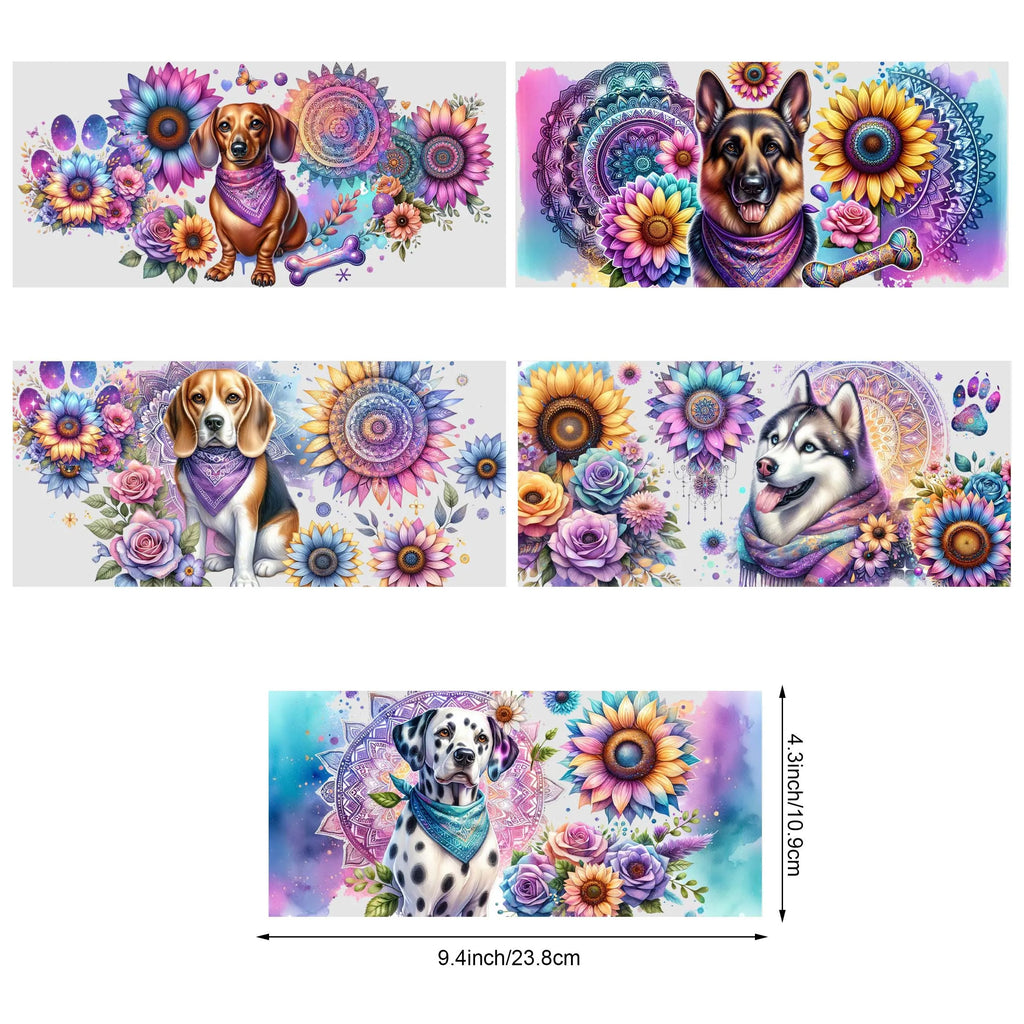 5 Sheets Sunflower Dog UV DTF Cup Stickers, Glass Cup DTF Transfer Stickers, Waterproof Funny Dog Wipeable Transfer Paper