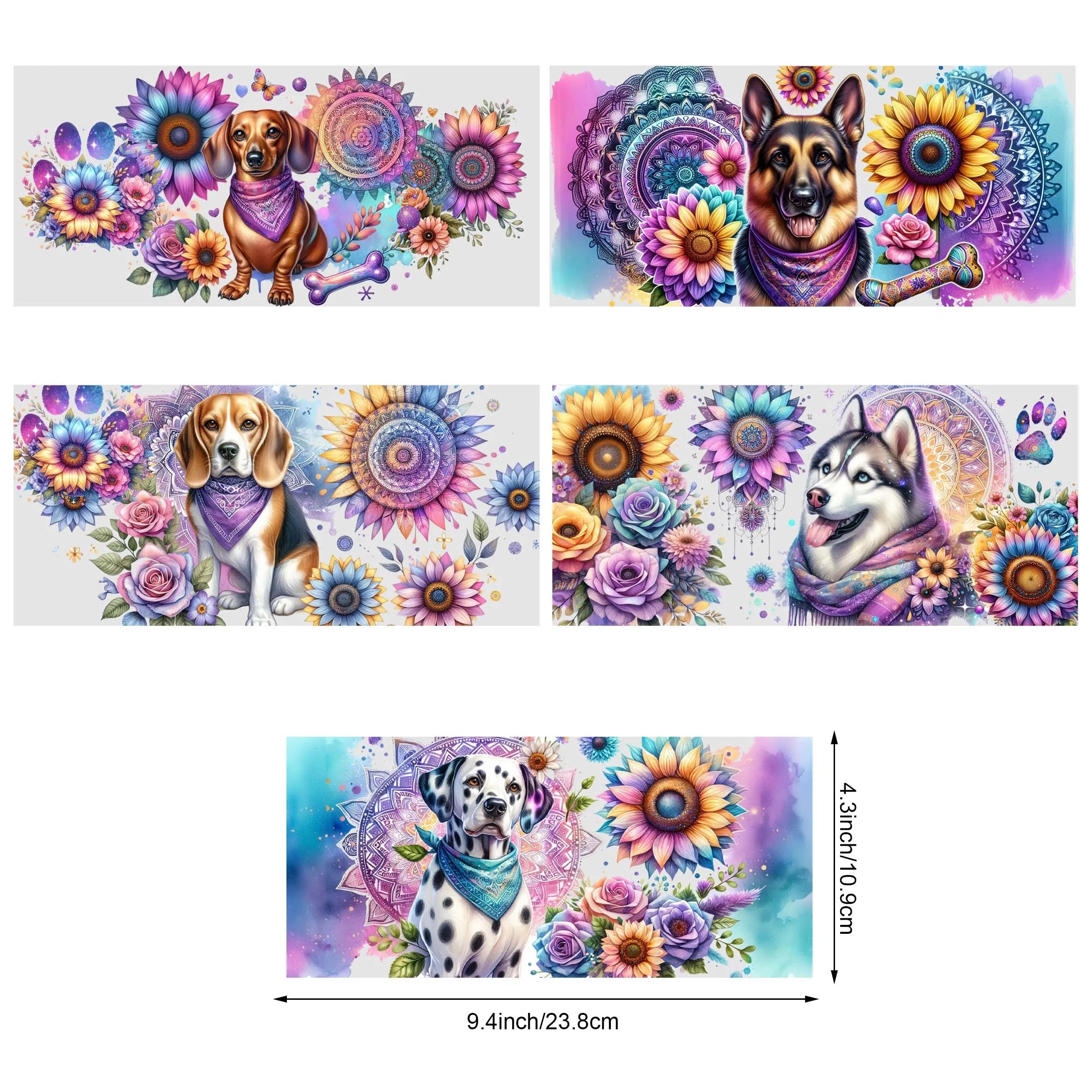 5 Sheets Sunflower Dog UV DTF Cup Stickers, Glass Cup DTF Transfer Stickers, Waterproof Funny Dog Wipeable Transfer Paper