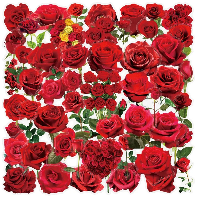 50PCS Kawaii Red Rose Flower PET Sticky Sticker Aesthetic Tear Open DIY Decoration Scrapbooking Stationery Supplies for Kids