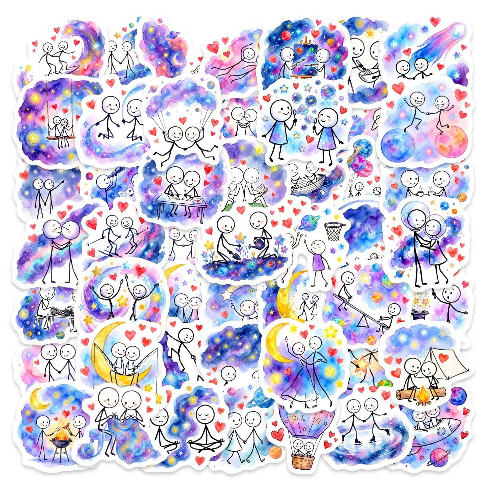 50/100 Pcs Galaxy Watercolor Stick Figure Couple Stickers Dreamy Minimalist Waterproof for Atmosphere Phone Laptop Diary Decals