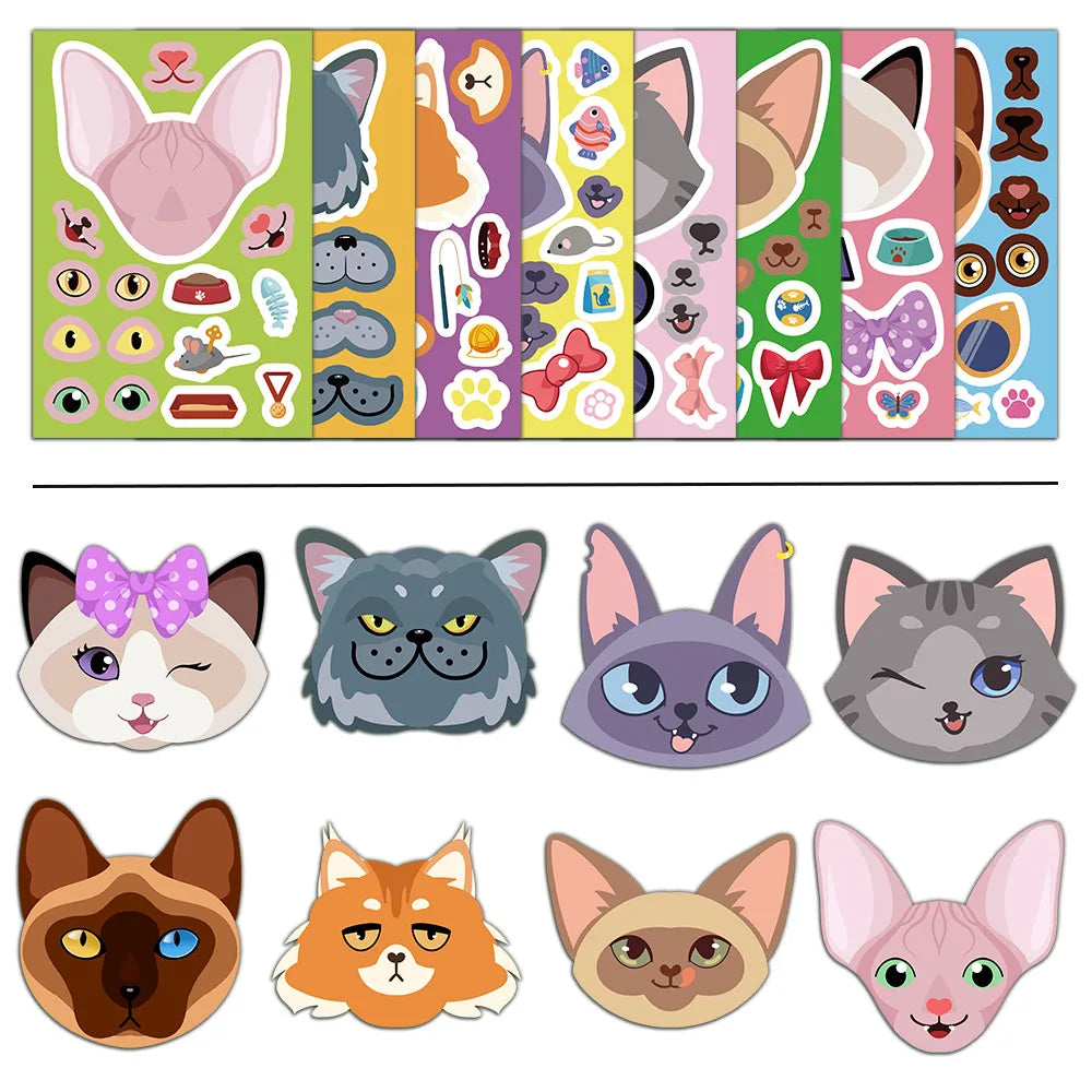 8PCS Cat Cartoon Face Changing Fun Puzzle Stickers DIY Handmade Clip Box Suitable for Tablet Speaker Puzzle Toy Stickers