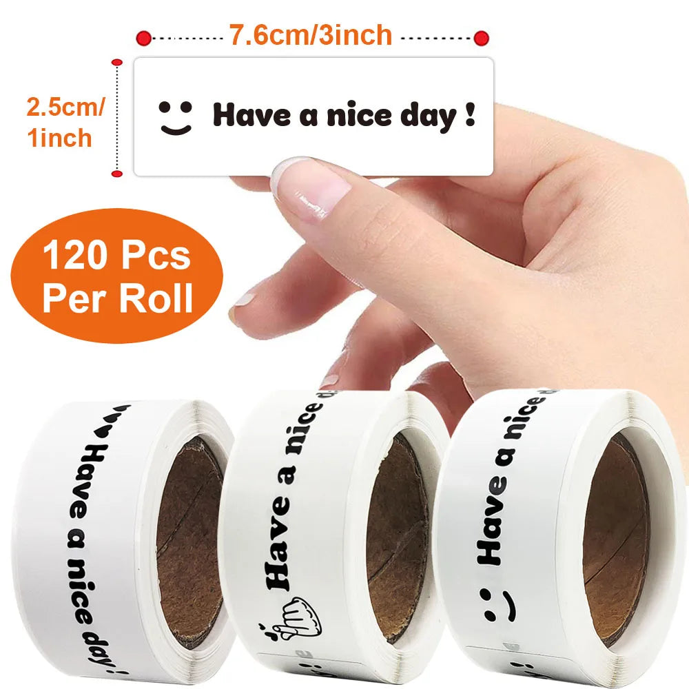 120Pcs/Roll Have a Nice Day Hand Heart Stickers 1*3inch 3 Designs Diy Office index label Adorn Gifts, Notebook, Package Seal