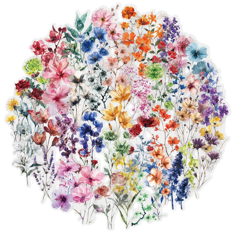 50PCS Color Ink Flower Sticker Pack Waterproof Transparent PET Brochure Flower Material Decorative Notebook Waterproof Stickers