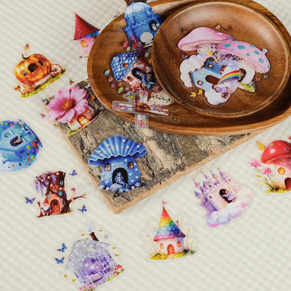 56/112Pcs Fairytale Colorful Mushroom House Castle Stickers, Clear PET Decals for Stationery Notebook Fridge Luggage Guitar