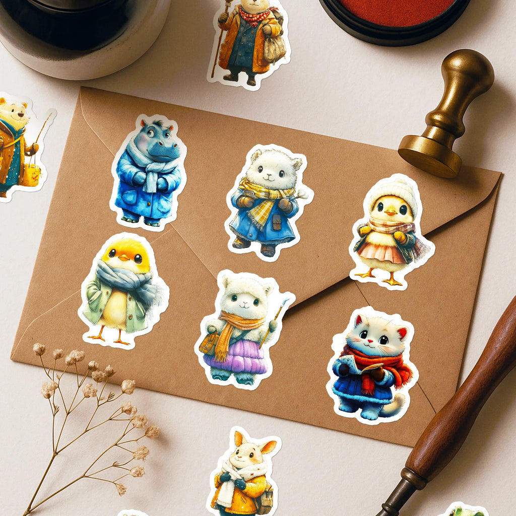 56 Pcs HD Vivid Vintage Winter Animal Doodle Stickers Creative for Phone Case Scrapbook Stationery Box Lunch Box Binder Decals