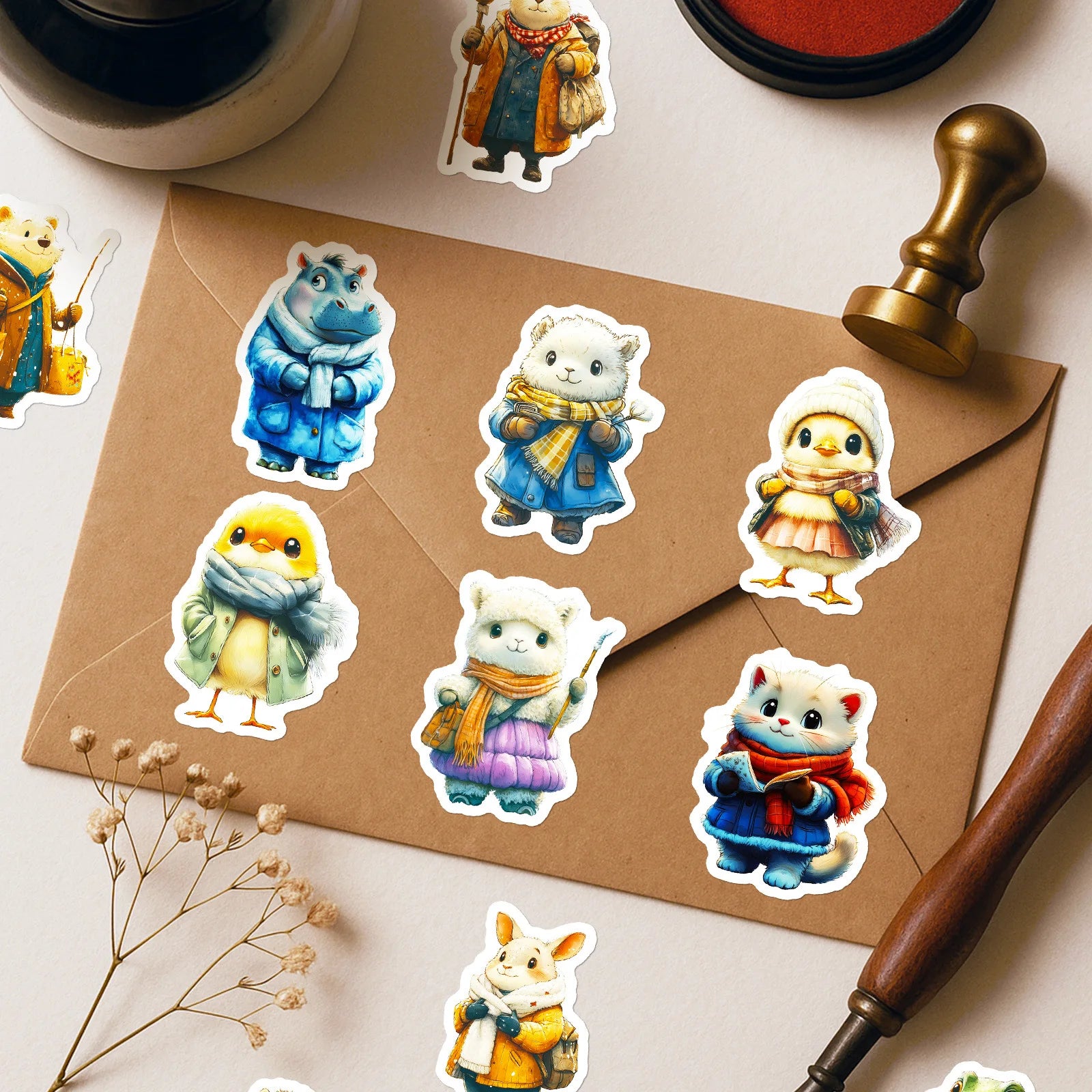 56 Pcs HD Vivid Vintage Winter Animal Doodle Stickers Creative for Phone Case Scrapbook Stationery Box Lunch Box Binder Decals
