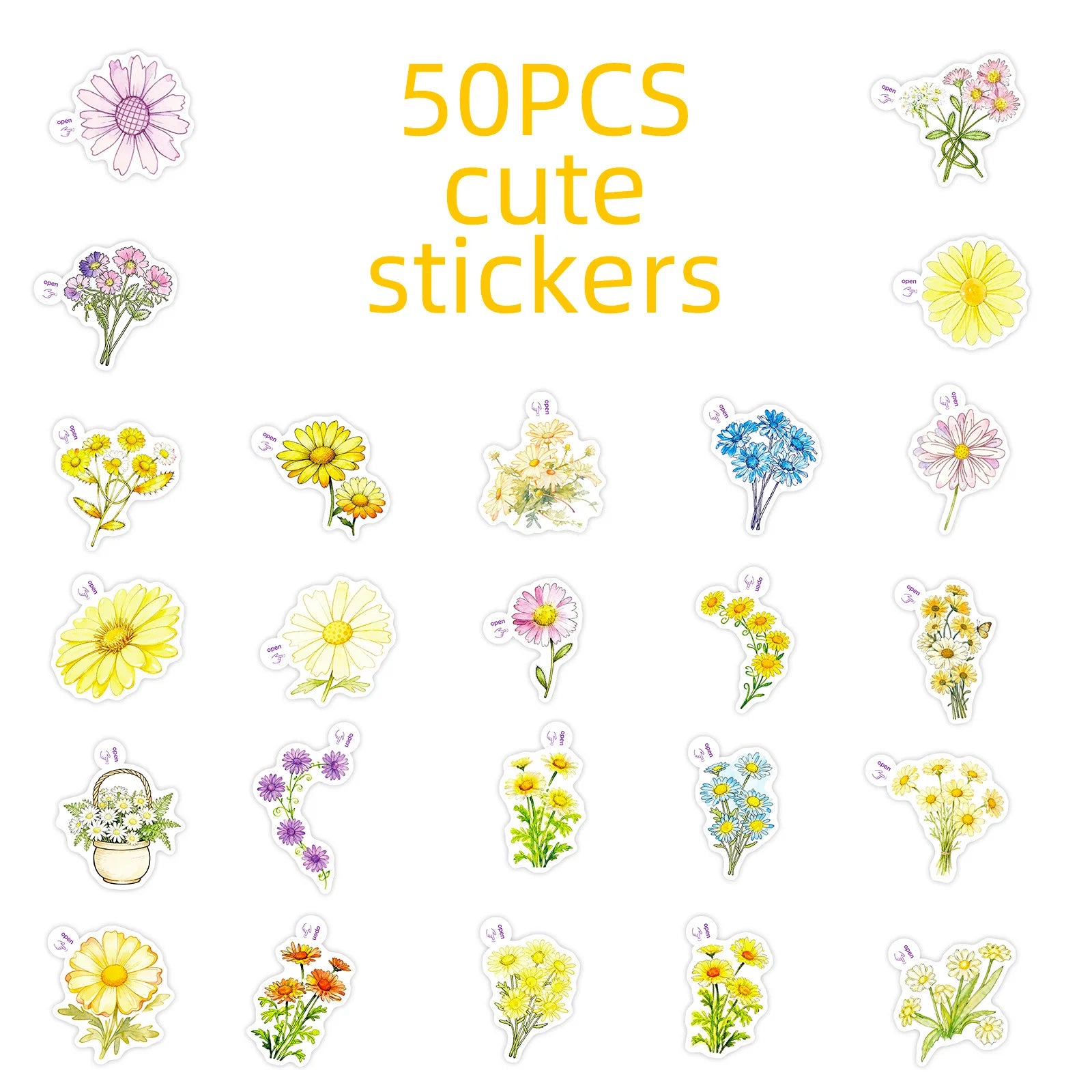 50PCS Colorful Daisy Themed Easy-Tear Stickers for Office Stationery Student Supplies Decorative Notebook Phone Helmet Decals