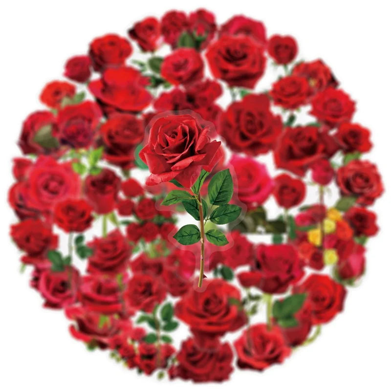 50PCS Kawaii Red Rose Flower PET Sticky Sticker Aesthetic Tear Open DIY Decoration Scrapbooking Stationery Supplies for Kids