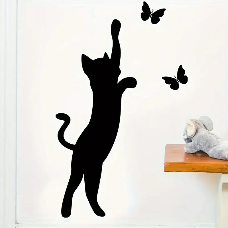 Removable Self-Adhesive Wall Stickers Featuring a Black Cat with a Butterfly Design, Suitable for Decorating Walls in Bedrooms,