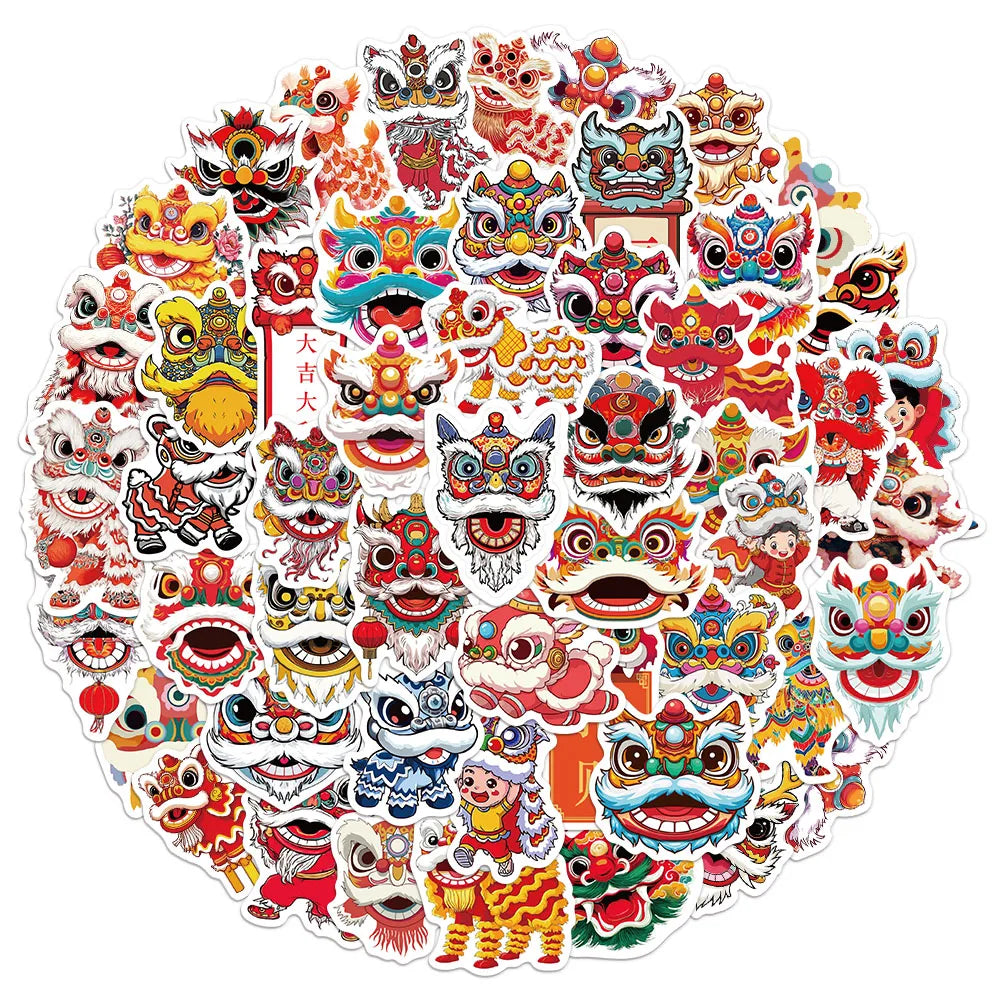 50PCS Creative New Year Lion Dance Graffiti Stickers DIY Luggage Laptop Tablet Speaker Decoration Wall Stickers Gift Stickers