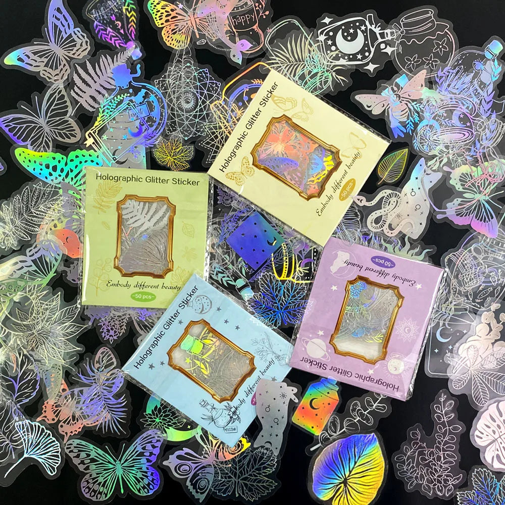 50PCS Holographic Laser Stickers Transparent Retro DIY Decoration Sparkling Creative Handmade Stationery PET Sticker Pack