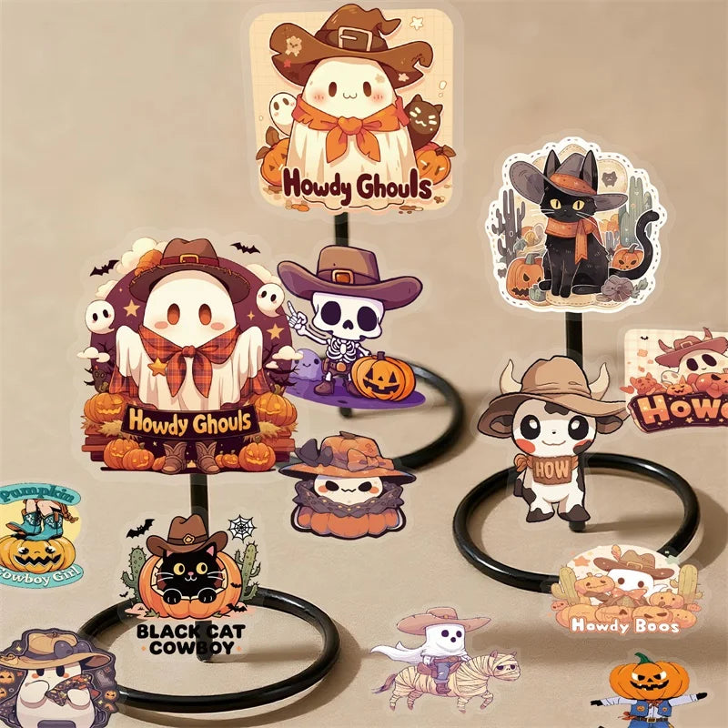 56PCS Cartoon Halloween PET Sticky Sticker Aesthetic Tear Open DIY Decoration Scrapbooking Sketchbook Supplies for Kids