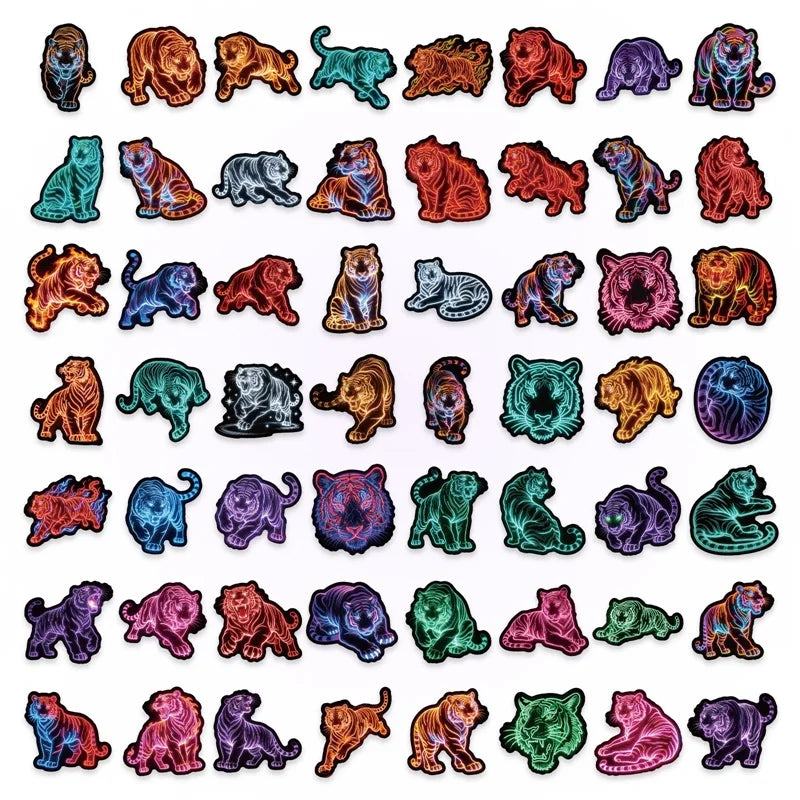 10/30/56PCS Neon Line Tiger PVC Sticky Sticker Stationery DIY Children's Laptop Luggage Skateboard Decoration Scrapbooking