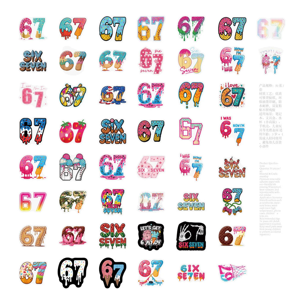 50/100PCS Cartoon 6-7 Digital Graffiti Stickers Water Cup Phone Waterproof Decoration Creative Digital Stickers