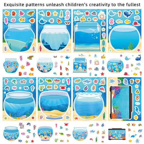 16PCS Fishbowl Marine Animal Children's Reward Stationery Notebook Cartoon DIY Make a Face Stickers Game Handicraft Stickers
