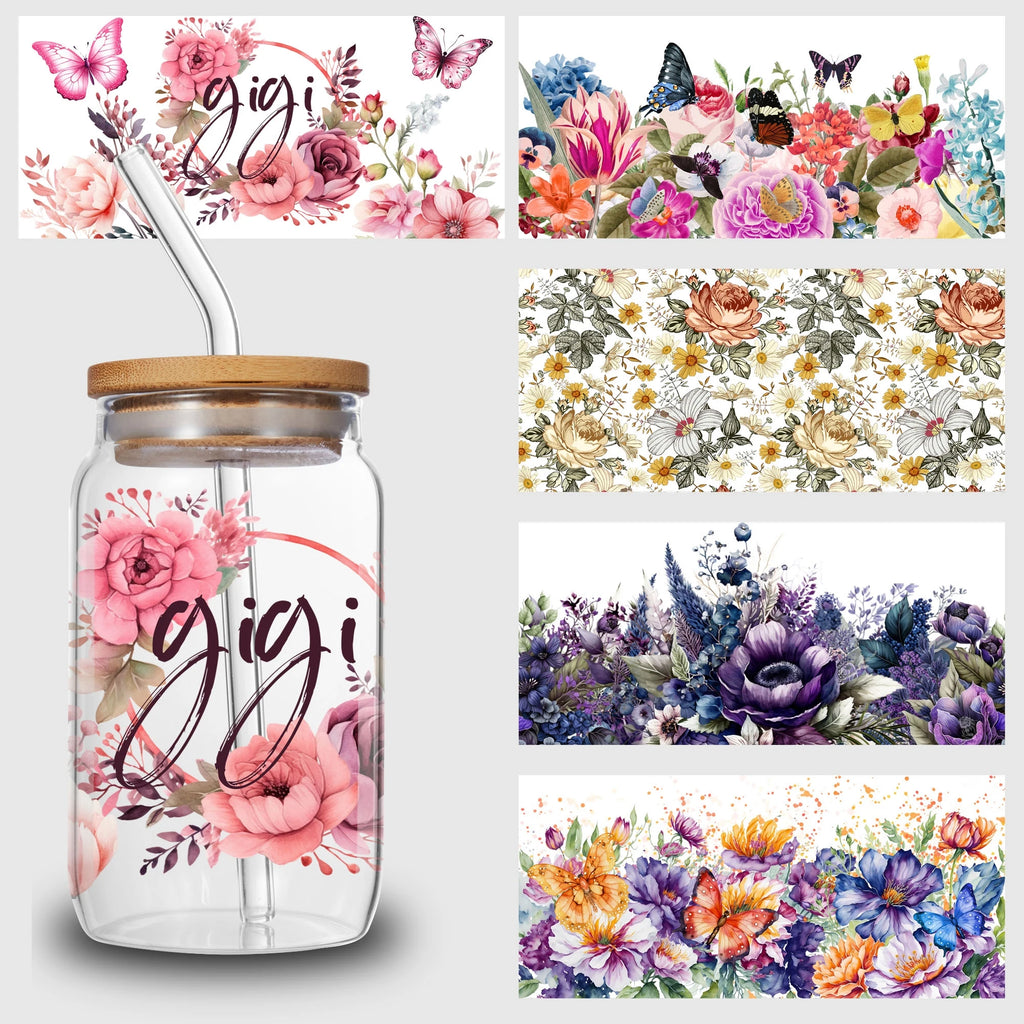 5 Sheets Plant UV DTF Cup Stickers, DTF Friction Transfer Stickers, Waterproof Transfer Stickers for 16 Ounces Glass Cups, DIY