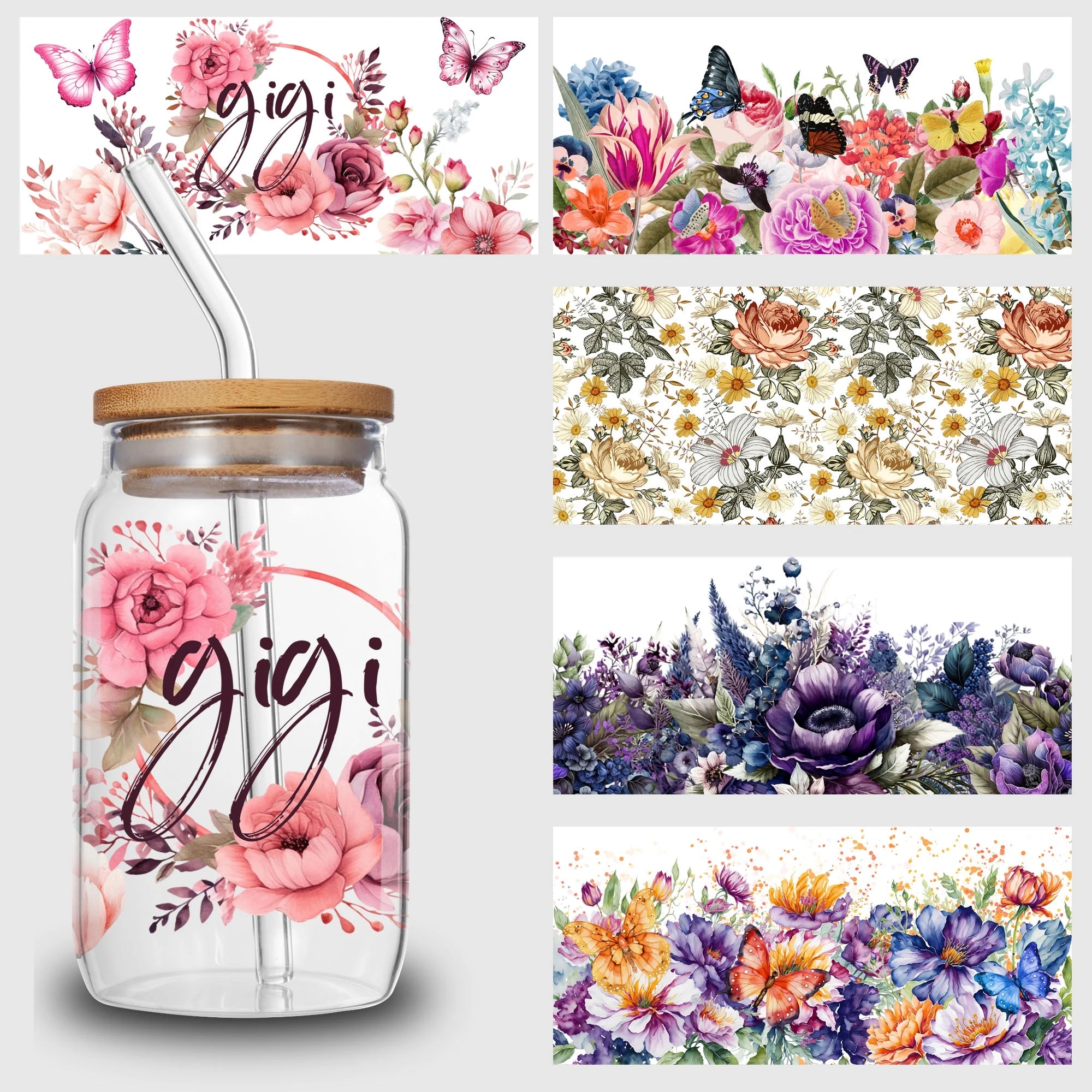 5 Sheets Plant UV DTF Cup Stickers, DTF Friction Transfer Stickers, Waterproof Transfer Stickers for 16 Ounces Glass Cups, DIY