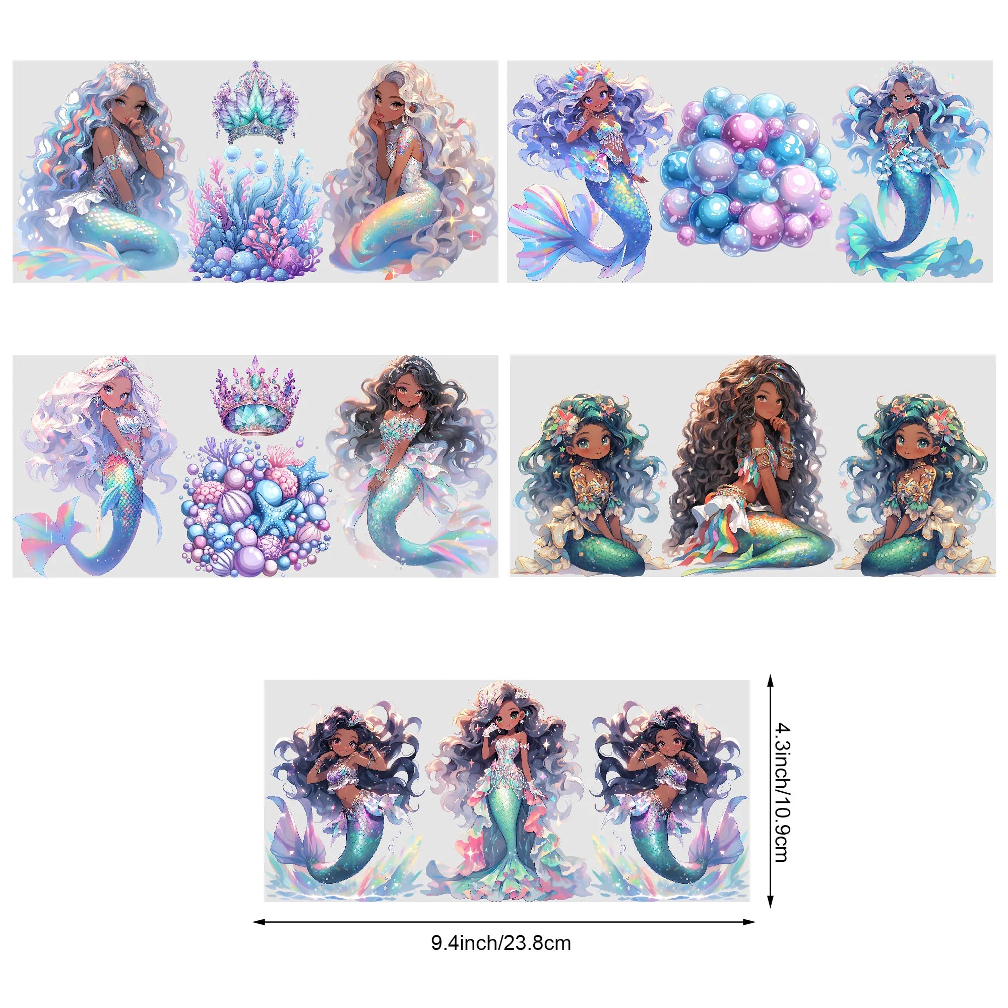 5 Sheets Mermaid UV DTF Glass Cup Wrap Transfer Stickers, DTF Transfer Stickers, Waterproof Wipe-Off Transfer Stickers