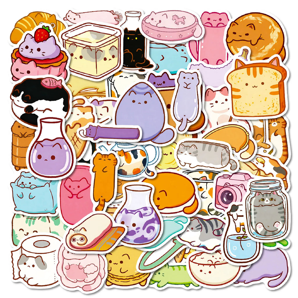 56PCS Cute Cat Bread Doodle Stickers Student Stationery Notebook Diary Office Supplies Storage Box Guitar Waterproof Stickers