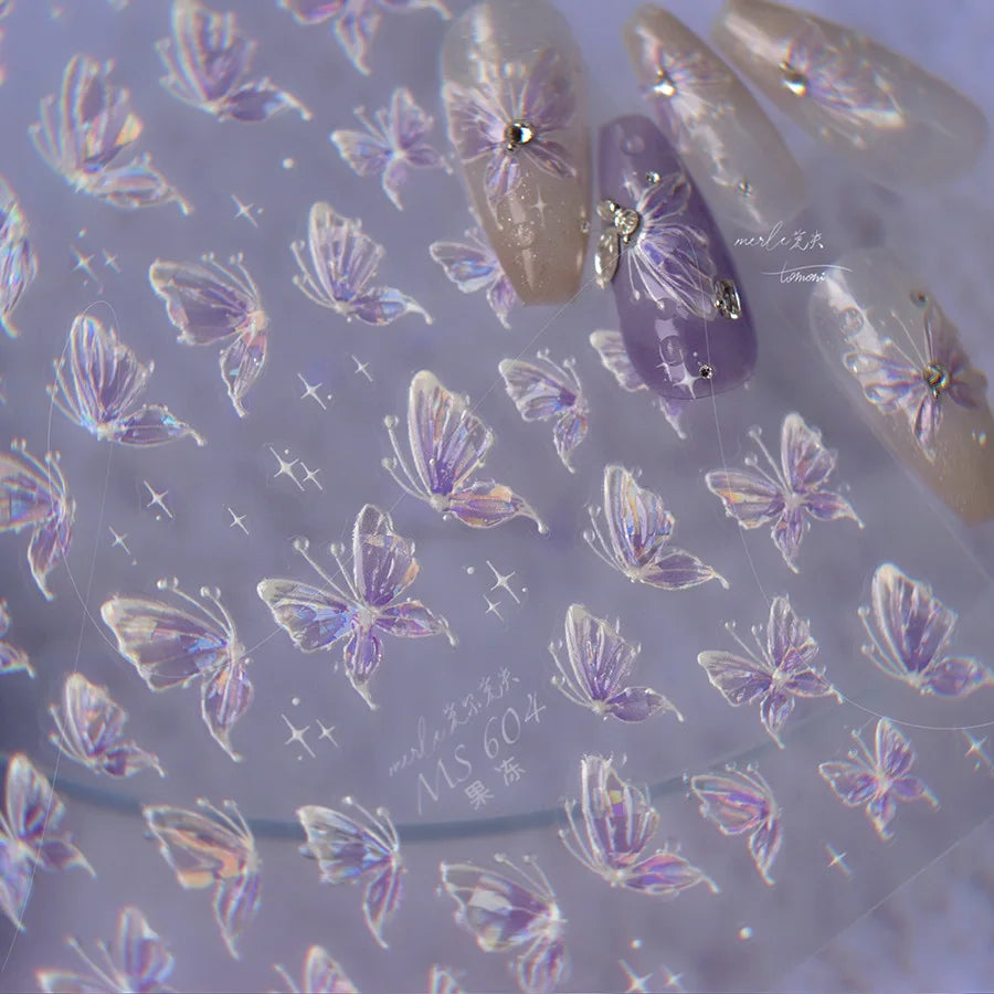 1pcs 5D Japanese Kawaii Butterfly Nail Stickers Luxury Glitter Shell Aurora Nail Art Decorations Decals DIY Manicure Slider Foil