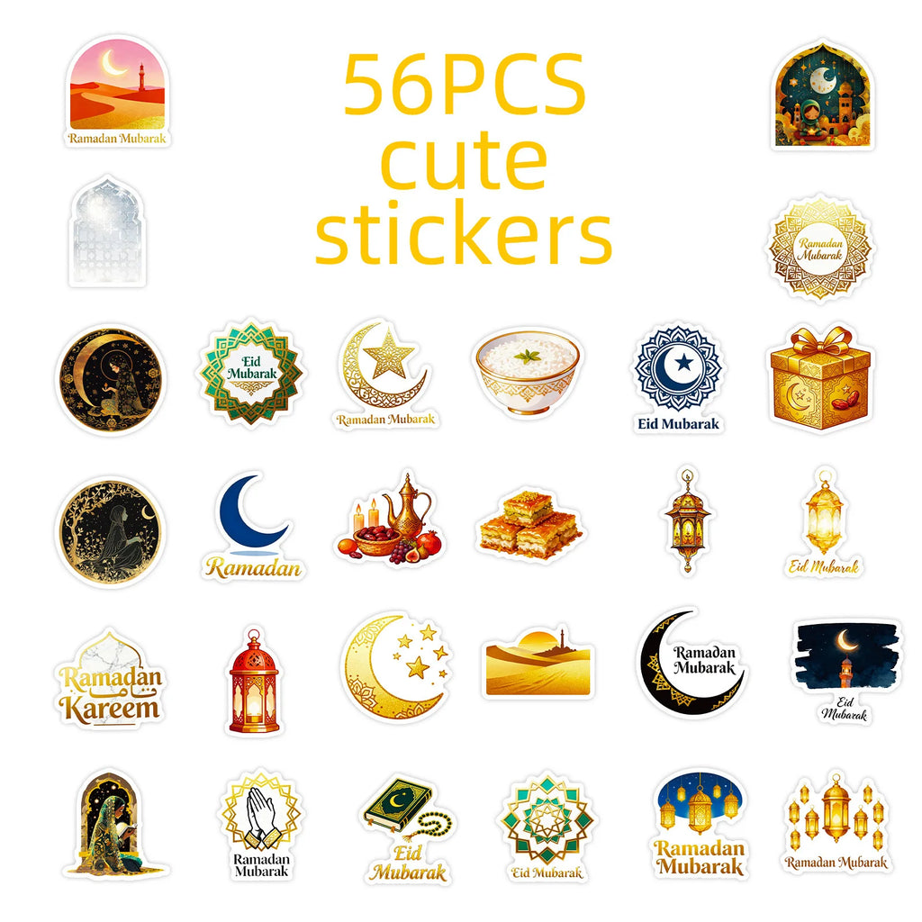 56PCS Traditional Festival Greetings Cartoon Graffiti Stickers Moon Lantern Design for Notebook Luggage Refrigerator Decoration
