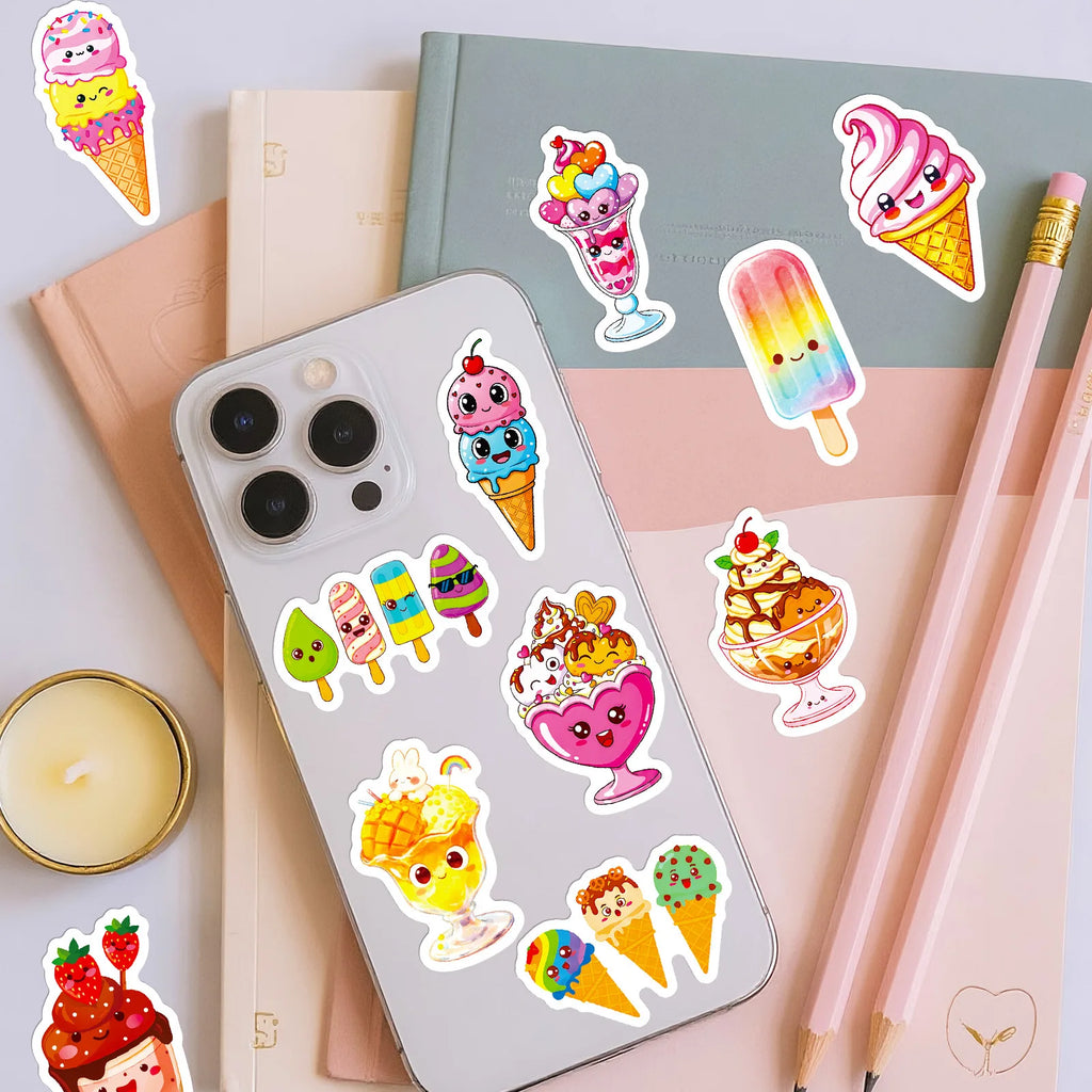 50PCS Cartoon Ice Cream Cute Doodle Stickers Easy Peel Kids DIY Fun Craft Student Notebook Tablet Decorative Sticker