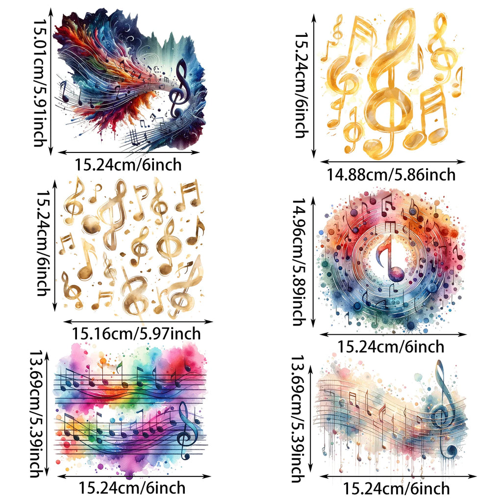 6  sheets Musical Note Theme Iron-On Decals T-Shirt Heat Transfers Suitable for DIY, Music, T-Shirts, Masks, Jeans, Backpacks