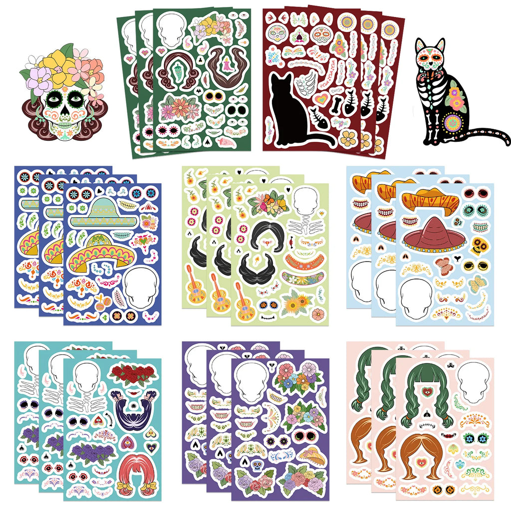 8/16/24PCS Toy Puzzle Stickers Mexican Day of the Dead Make a Face Stickers DIY Handicrafts Waterproof Stickers