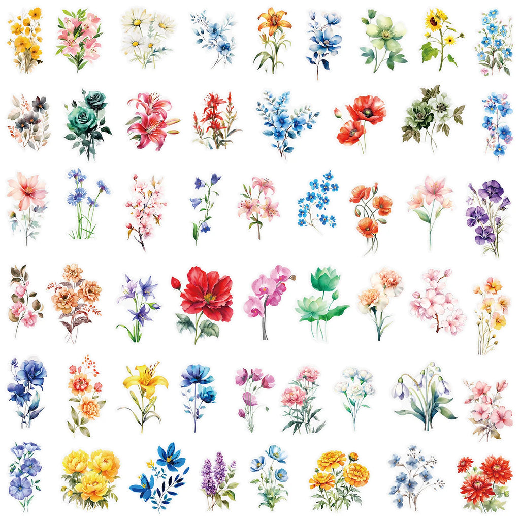 50Pcs Ink Flower Stickers DIY Phone Case Material Handbook Water Cup Plant Transparent PET Stickers