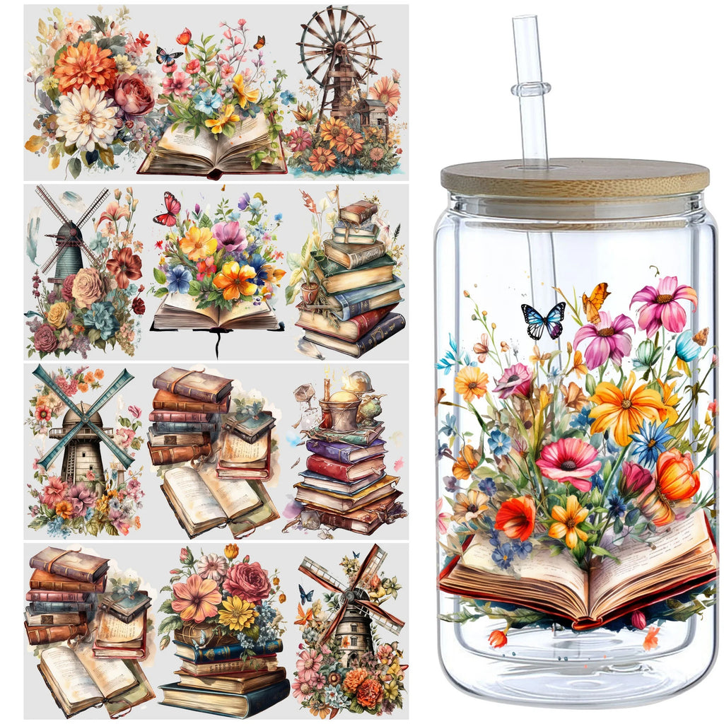 5 Sheets Vintage Book UV DTF Cup Stickers, DTF Friction Transfer Stickers, Waterproof Book Transfer Stickers for 16oz Glass Cup