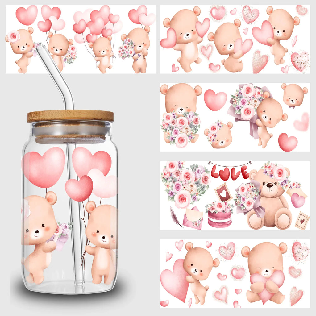5 Sheets Valentine's Day UV DTF Cup Stickers,Glass Sports DTF Transfer Stickers,Waterproof Couple Wipe Transfers for 16 oz Glass