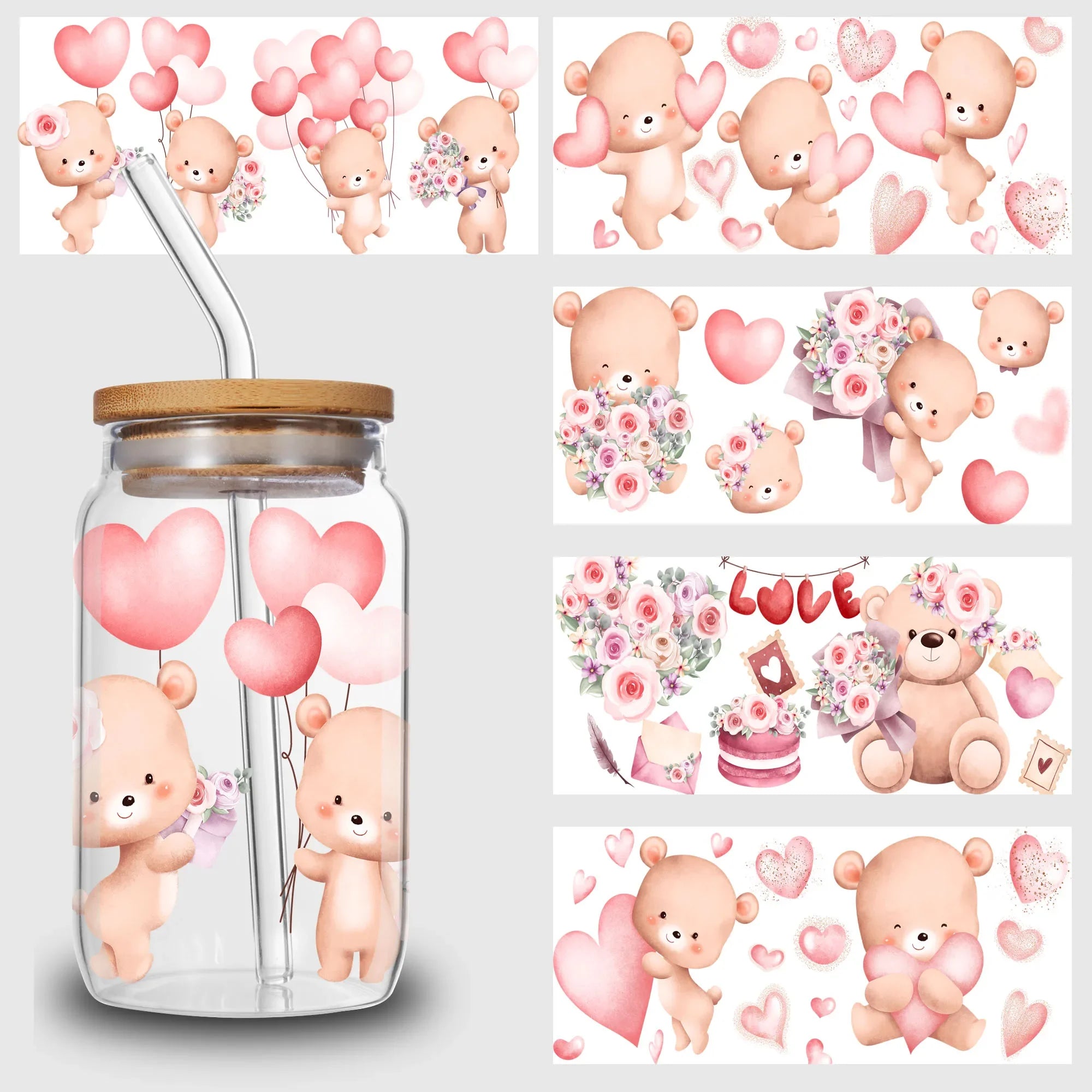 5 Sheets Valentine's Day UV DTF Cup Stickers,Glass Sports DTF Transfer Stickers,Waterproof Couple Wipe Transfers for 16 oz Glass