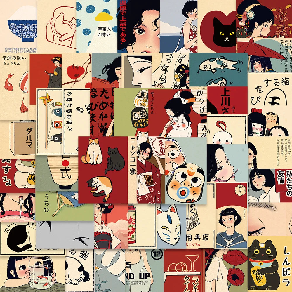 50PCS Retro Cartoon Japanese Culture Aesthetics Stickers DIY Manual Scrap Book Laptop Luggage Waterproof Graffiti Stickers